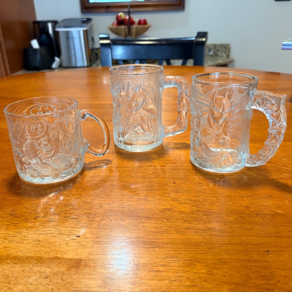 McDonalds Batman Forever Mug Set 3 Clear Glass 1995 Batman Robin Riddler Vintage